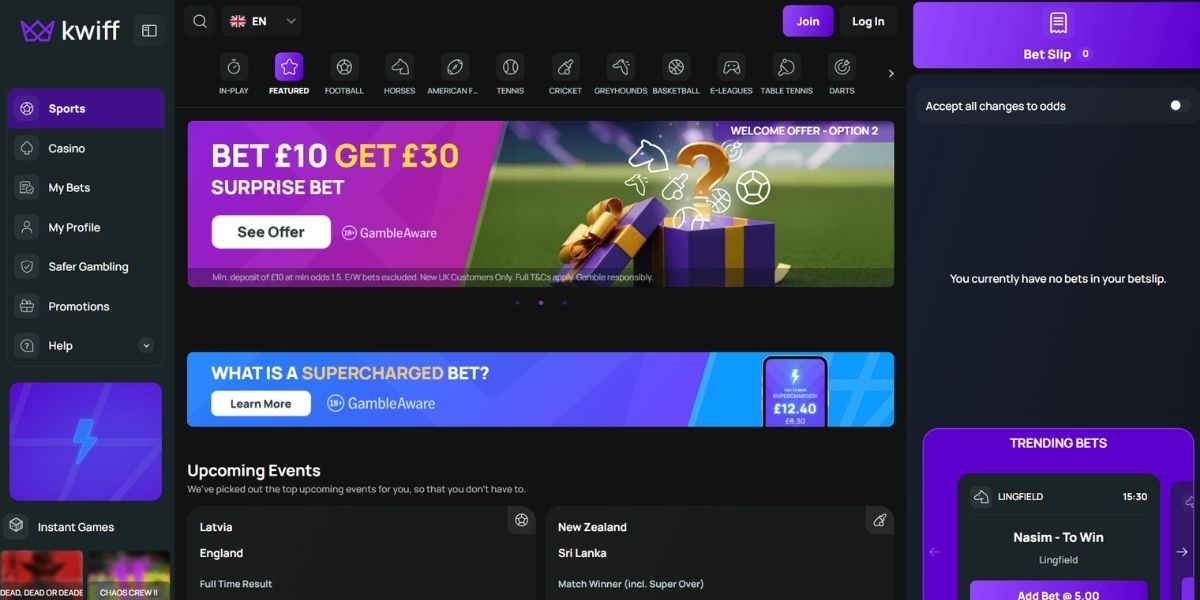 Screenshot of the Kwiff website